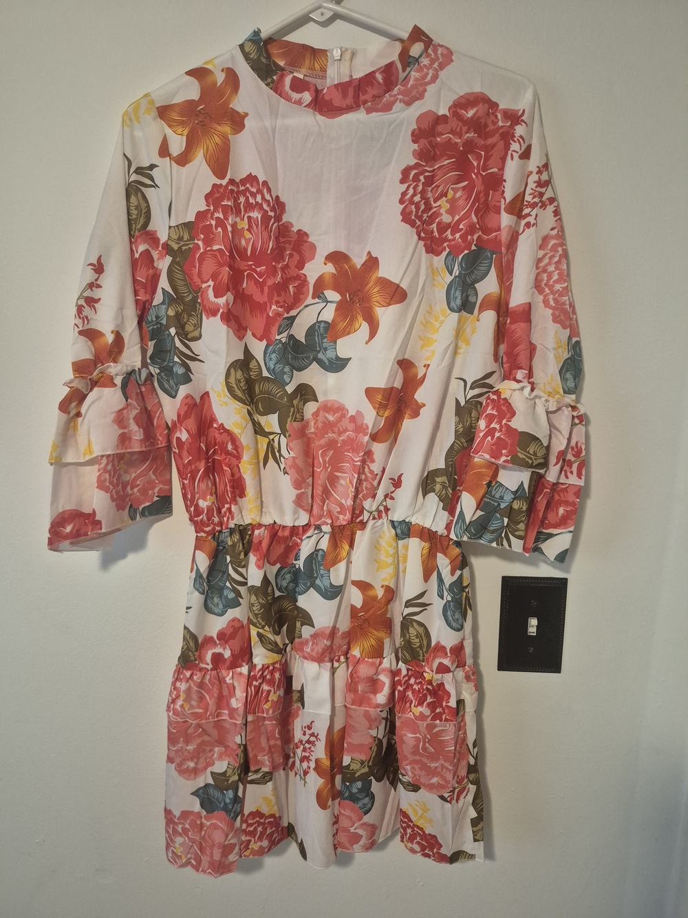SHEIN Coral and White Floral Tiered Mini Dress